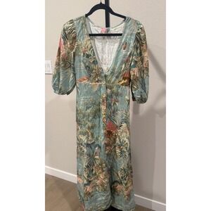 Farm Rio Tropical Jungle Midi Dress Puff Sleeve Button Front Brazil SZ P